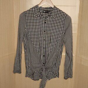Baku Black White Check Silky Front Tie Blouse Medium